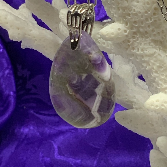 Purple Brazil Zebra Amethyst Necklace on Stainless Steel Silver Plated Chain - Picture 5 of 12